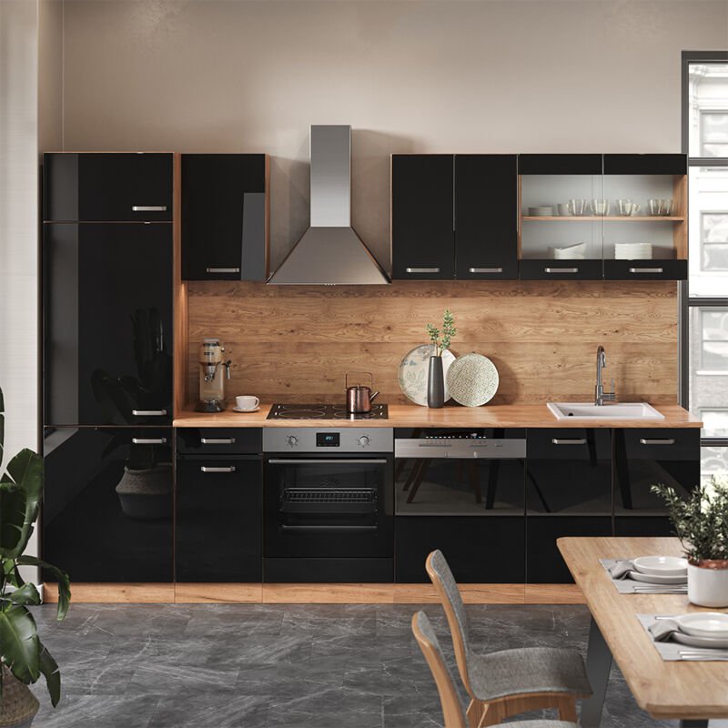 Vicco - Küche R-Line, Schwarz Hochglanz/Goldkraft Eiche, 300 cm ohne Arbeitsplatte
