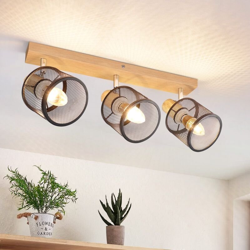 Deckenstrahler Schwarz Deckenlampe Holz - Deckenleuchte E14 Deckenleuchte Schwenkbar 350° 3 Flammig Max.25w Wohnzimmerla...