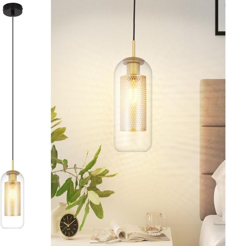 Pendelleuchte Esstisch Hängelampe Glas - 1 Flammig E27 Hängeleuchte Schwarz Gold Pendellampe Zylinder Höhenverstellbar E...