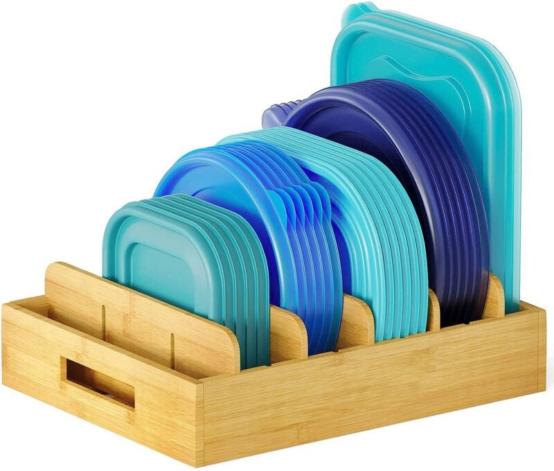 Deckelorganizer aus Bambus, Aufbewahrung für Topfdeckel mit 5 verstellbaren Trennwänden und Griffen, Topfdeckelhalter au...