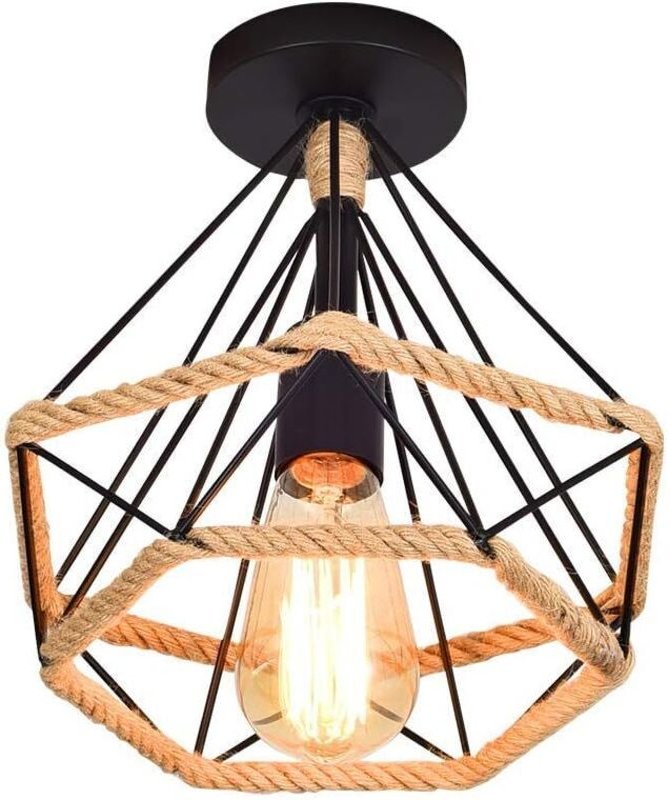 Vintage Retro Deckenlampe, Industrielle Deckenlampe, Rautenform, Metallkäfig mit Hanfseil, Eisenpendelleuchte, Beleuchtu...