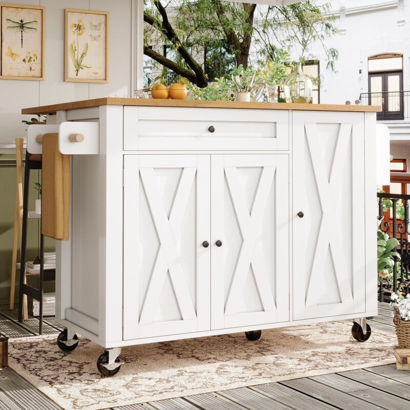 Kücheninsel mit ausziehbarem Küchenwagen auf Rollen,Handtuchhalter,Gewürzregal,Türfachregalen und verstellbaren Einlegeb...