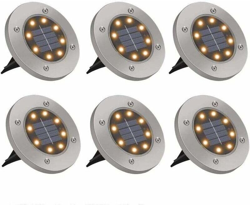 6er-Pack 8-LED-Solar-Gartenleuchten, IP65 wasserdicht, Solar-Bodenleuchten aus Edelstahl, warmweiße Gartenbeleuchtung fü...