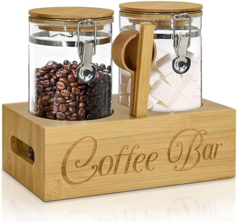 2er-Set Kaffeebohnenbehälter (1,4 l) mit Bambusablage und Löffel, Glasbehälter für Nüsse, Snacks, Zucker, Tee, Holzfarbe