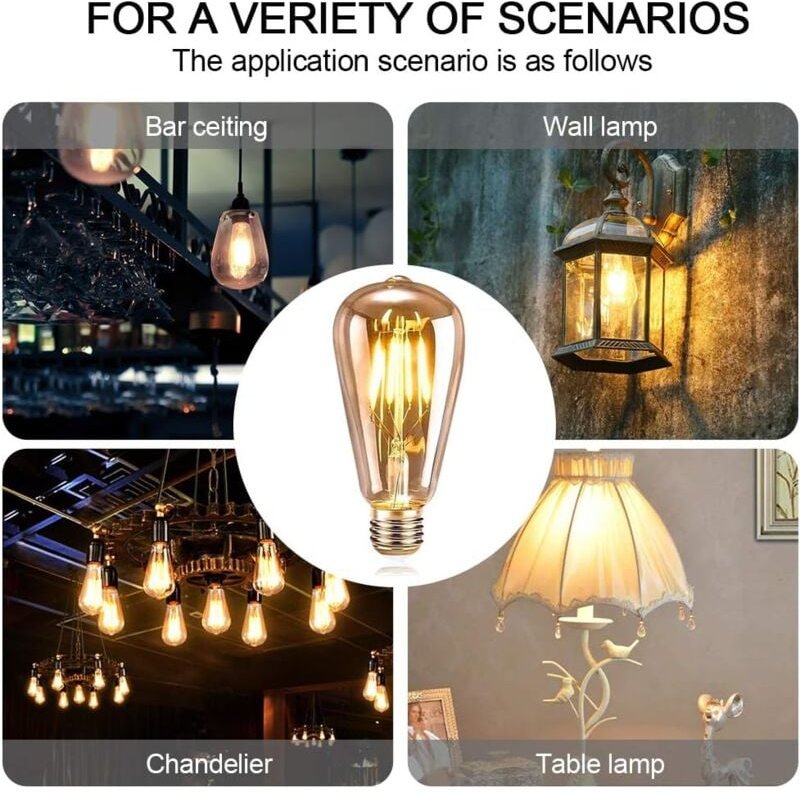 Kcvv - E27 Vintage-Glühbirne, 6 Stück, led E27 ST64 Retro-Dekolampe Edison Vintage Antik 4 w warmweißes Filament für Res...