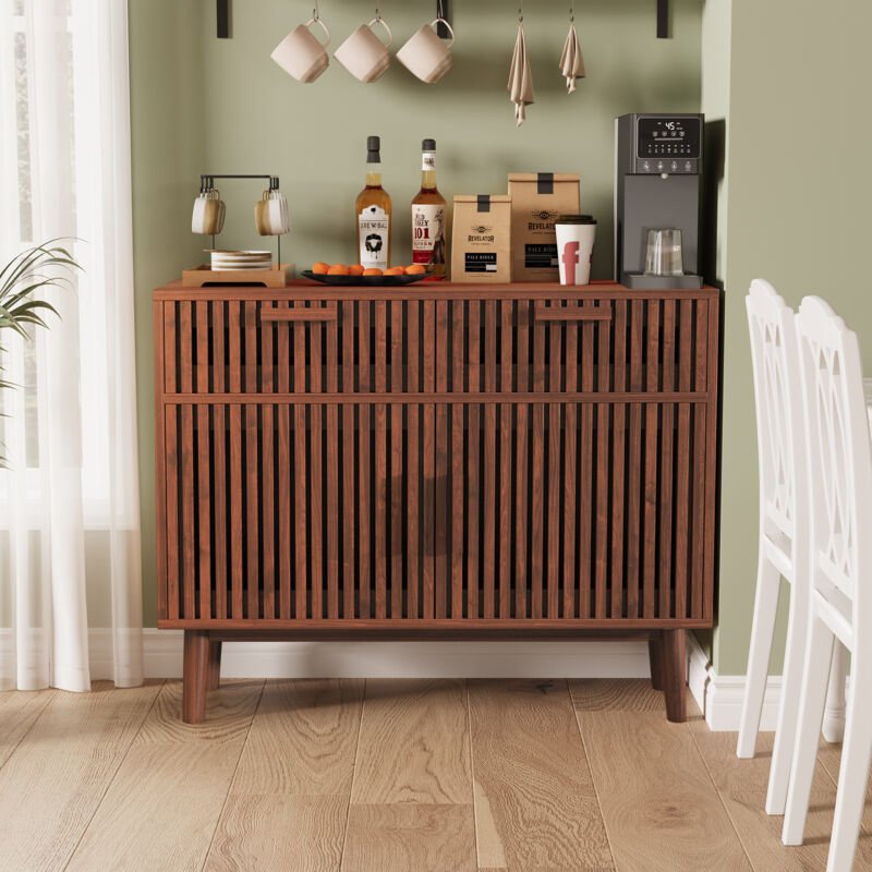 JOOKGBD-Rattan Sideboard 100x35x80 cm, Kommode mit 2 Schubladen und 2 Türen, Küchenschrank mit Aufbewahrungsfächern, Buf...