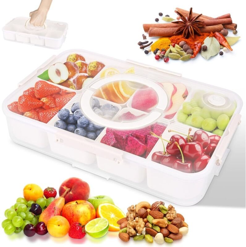 Snackbox mit 8 Fächern, Snackteller mit Deckel und Timer zur Zeiterfassung, tragbare Snackbox mit Griff für Süßigkeiten ...