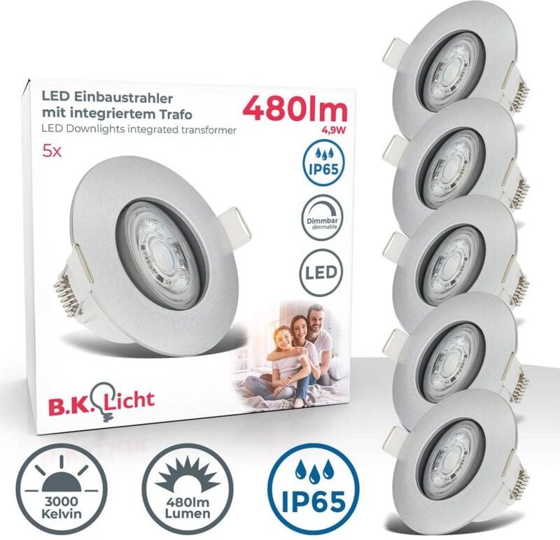 B.k.licht - Einbaustrahler 68mm 5er Set - 230V, 4,9W, 480lm, led, dimmbar, IP65, warmweiß, silberfarbig