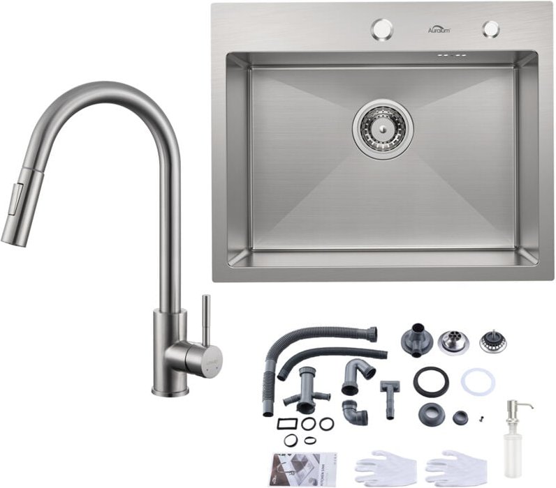 Edelstahl Küchenspüle 55 x 45 cm Einbauspüle für ab 60 cm Unterschrank + Hochdruck Gebürstete ausziehbare Küchenarmatur