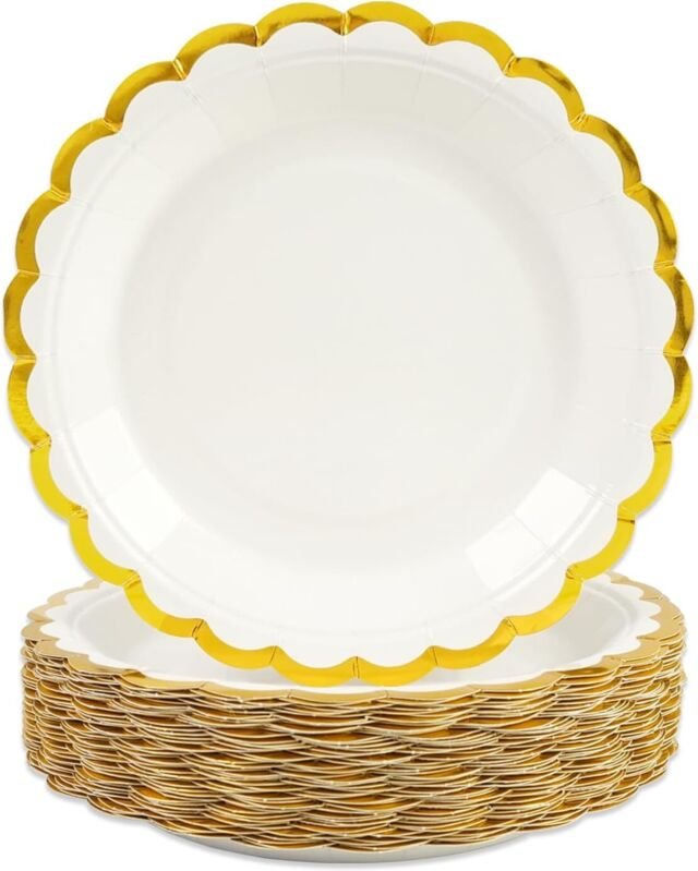 48 Stück Einwegteller mit gewelltem Rand, 23 cm, weiße Pappteller, Einweggeschirr für Geburtstage, Grillfeste, Partys, B...