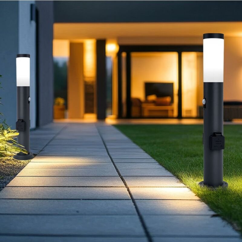 Wegleuchte Außen mit Bewegungsmelder 2x Steckdose Sockelleuchte Gartenleuchte, 1x E27, Edelstahl Anthrazit, IP44, h 60cm...