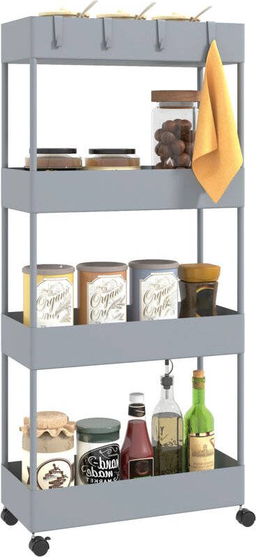 Küchenwagen mit 4 Regalen, 4 flexiblen Haken, 4 Rollen, 40 cm x 19 cm x 90 cm, Nischenwagen, Grau