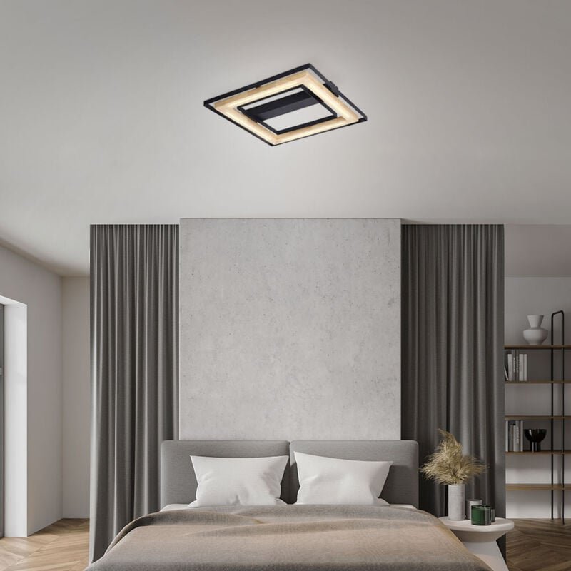 Led Deckenleuchte dimmbar Deckenlampe Bambus Wohnzimmerleuchte, Metall schwarz natur, 21W 2600lm warmweiß, LxH 46 x 6 cm