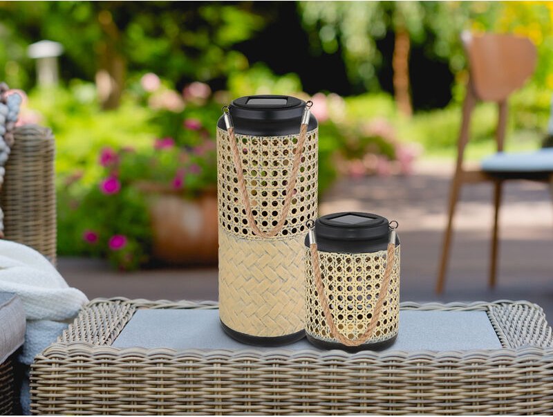 Meinewunschleuchte - led Solarlaternen 2er set aus Metall in Rattanoptik, hängend oder stehend