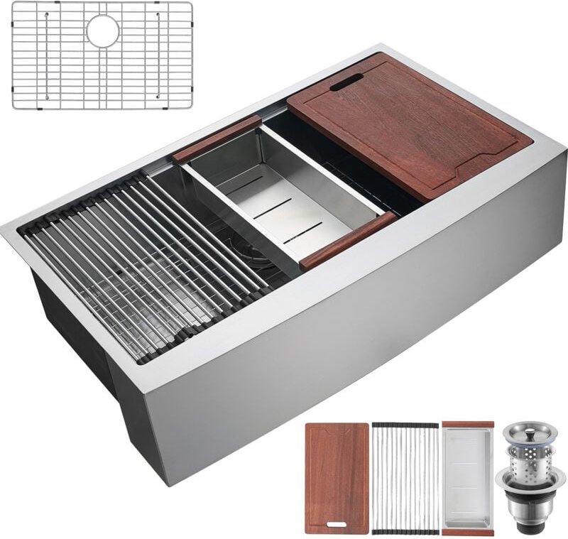 Thumbnail - Mophorn - Morphron Bauernhausküchenspüle, 304 Edelstahl Einbau-Design, 33-Zoll Top-Mount Einzelbecken mit Leiste und Zub...