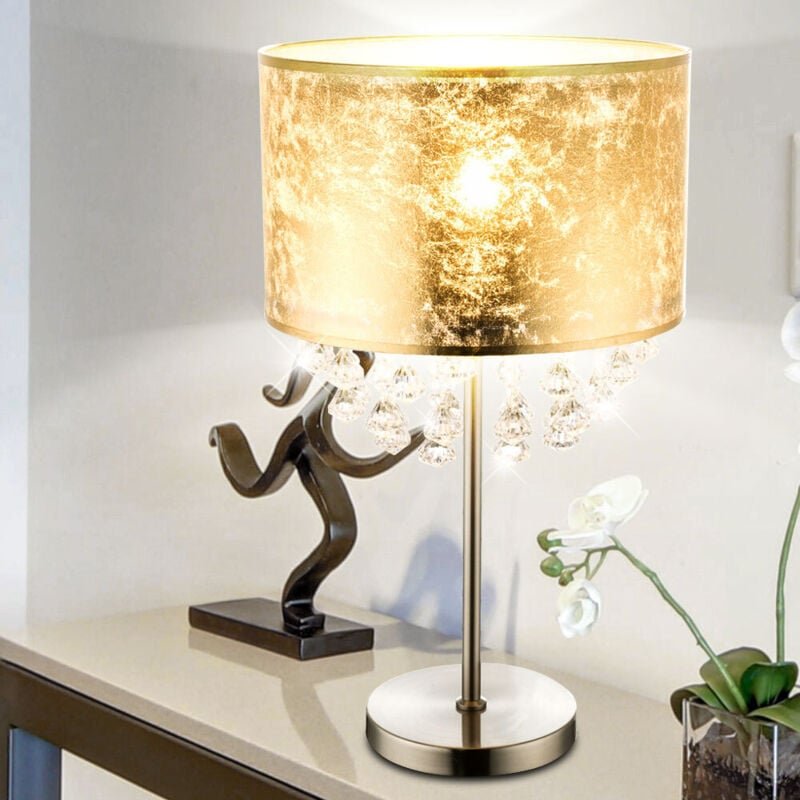 Tischleuchte Lampe Kristallleuchte Leselampe Leuchte Schlafzimmer, Kristalldekor klar Lampenschirm Blattgold Nickel matt...