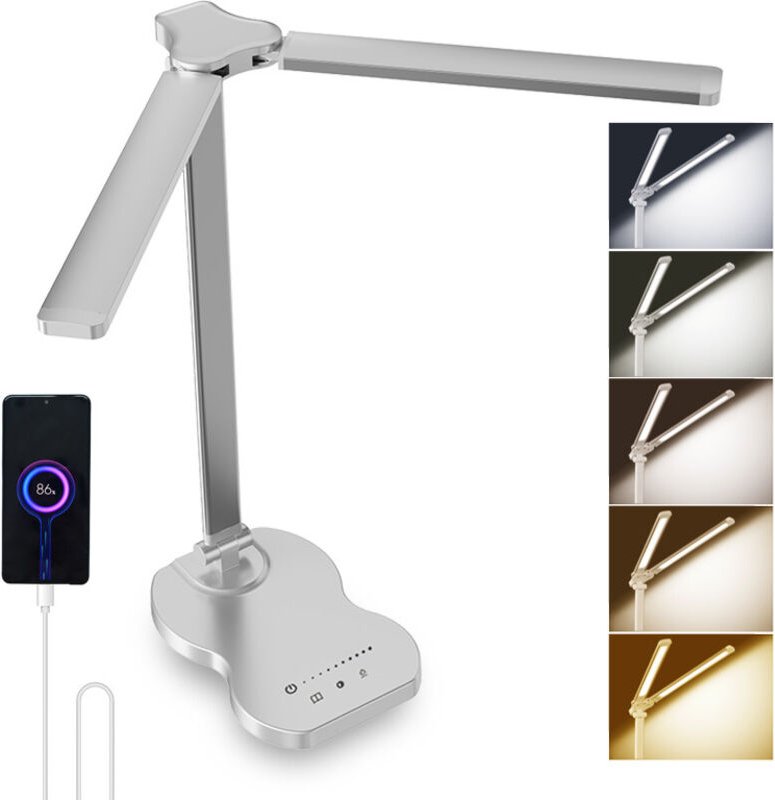 LED Schreibtischlampe Doppelarm – 5 Farbtemperaturen, 10 Helligkeitsstufen, Timer, Leselampe Modern