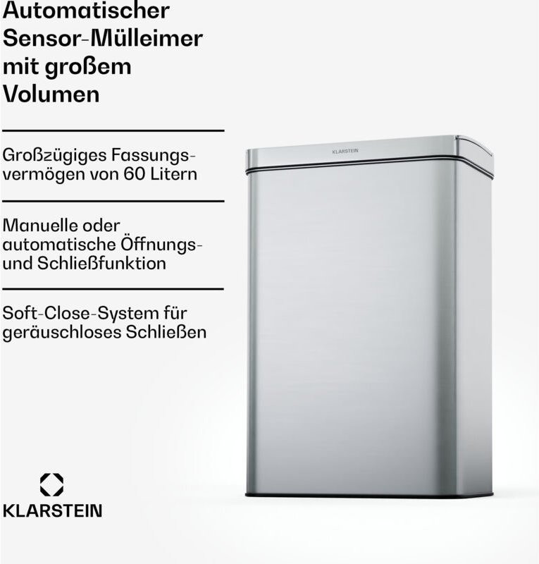 Klarstein Sensor-Mülleimer 60L - berührungslos mit Bewegungssensor, Edelstahlgehäuse, Soft-Close-Deckel, ideal für Küche...