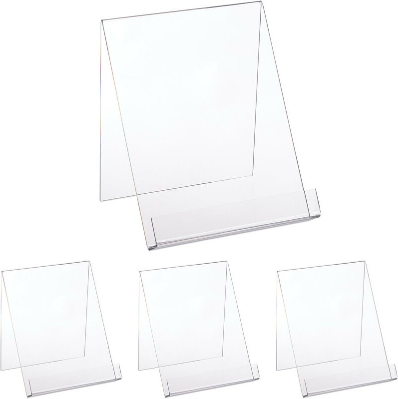 4 x Buchaufsteller A4, Acryl Buchständer für große Bücher, stabil, Leseständer HxBxT 24 x 21 x 19 cm, durchsichtig