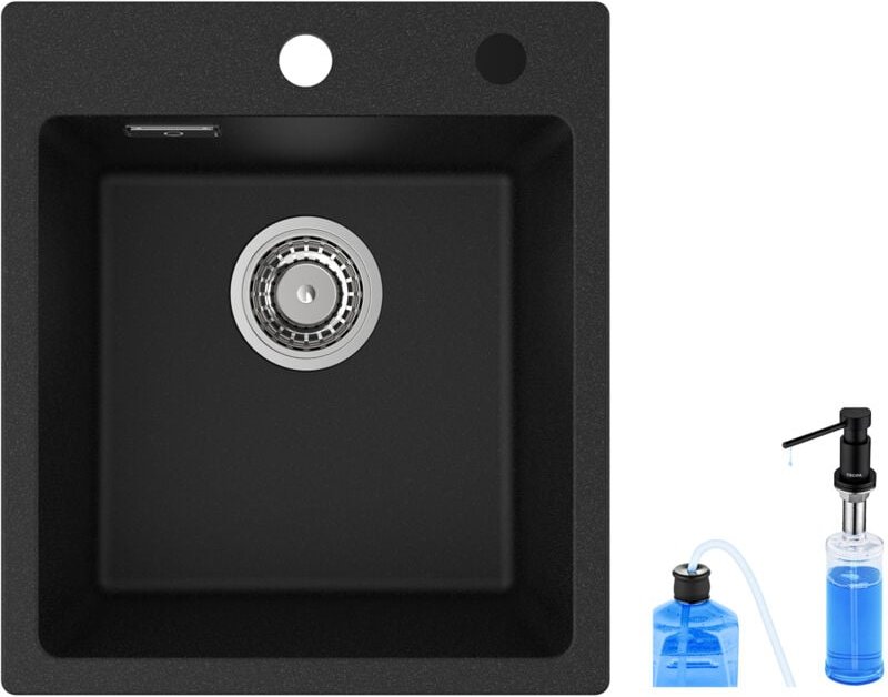 Spülbecken Quarz Schwarz 40x45cm + Seifenspender Küchenspüle aus Quarz Küchenspüle aus Granit, 1 Becken Einbauspüle - Ce...