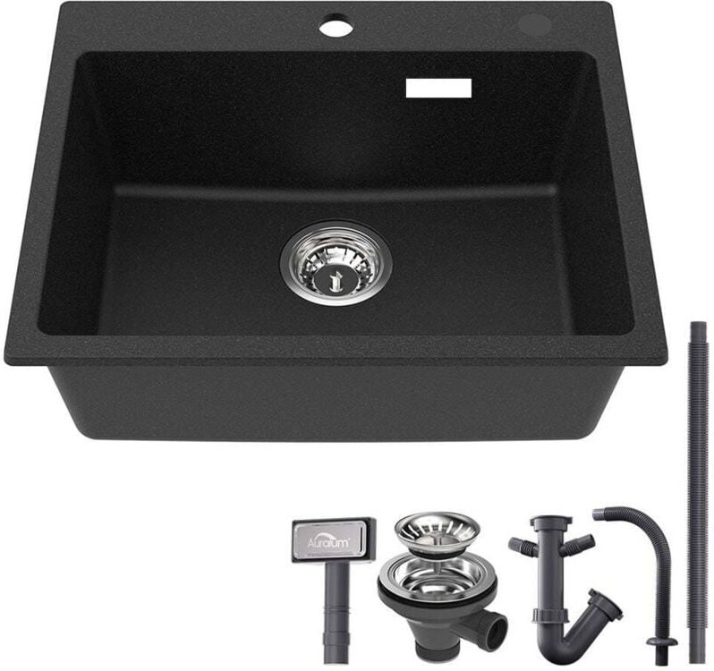 Spülbecken Schwarz 55 x 45 cm, Küchenspüle aus Granit, Waschbecken Küche, Einbauspüle mit Siphon Ab- und Überlaufgarnitu...