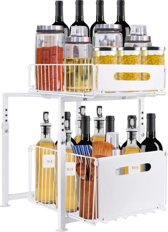 2-stufiger Aufbewahrungs-Organizer aus Metall unter der Spüle mit ausziehbarer Schublade, für Küche, Büro, Badezimmer, 2...