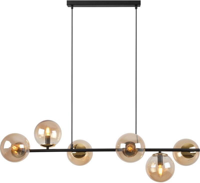 Hängelampe Siena, schwarz und gold, 6 flache Lampenschirme, Honigfarbe, E14