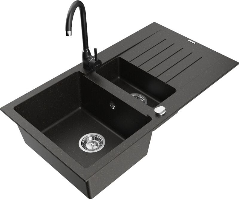 Matias 1,5-Becken-Granitspüle mit Abtropffläche und Mischbatterie Telma, Schwarz/Gold - 6502-7 - Mexen