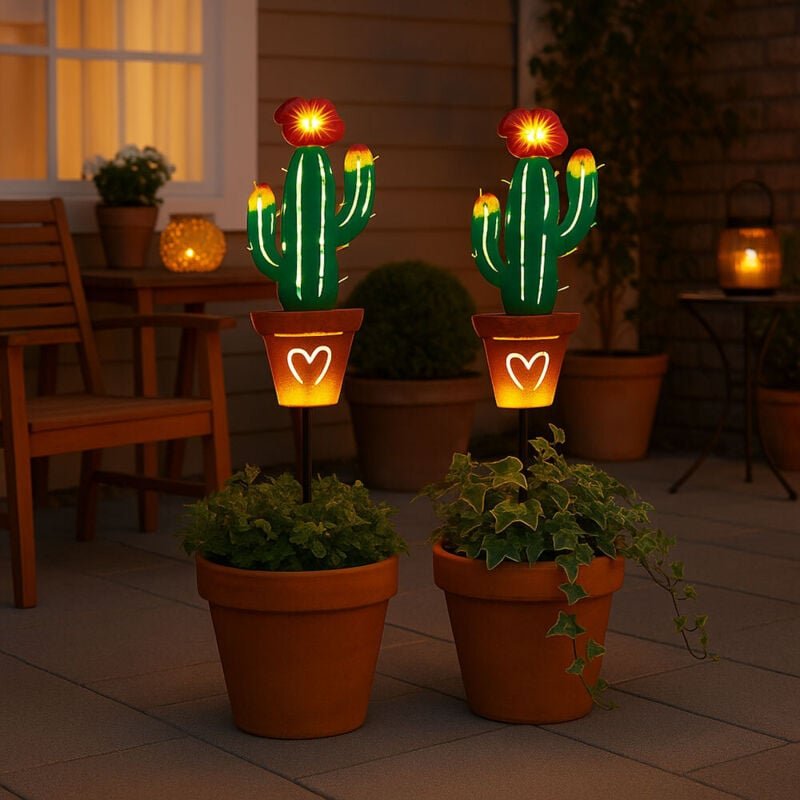 2er Set LED Solar Außen Steck Leuchte Kaktus Design Garten Terrassen Deko Erdspieß Lampe bunt