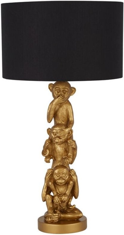 Searchlight Monkey 3 Wise Tischlampe aus goldenem Kunstharz und schwarzem Schirm