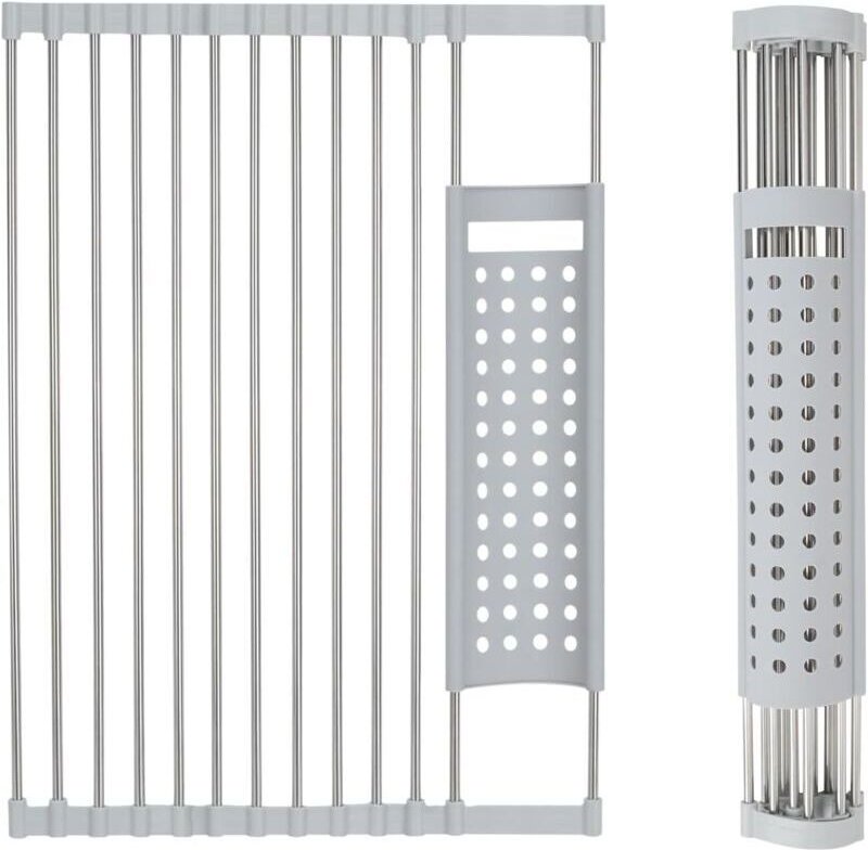 Rollbarer und faltbarer Abtropfkorb aus Edelstahl zur Aufbewahrung von Tellern, Obst und Gemüse auf der Arbeitsfläche (g...