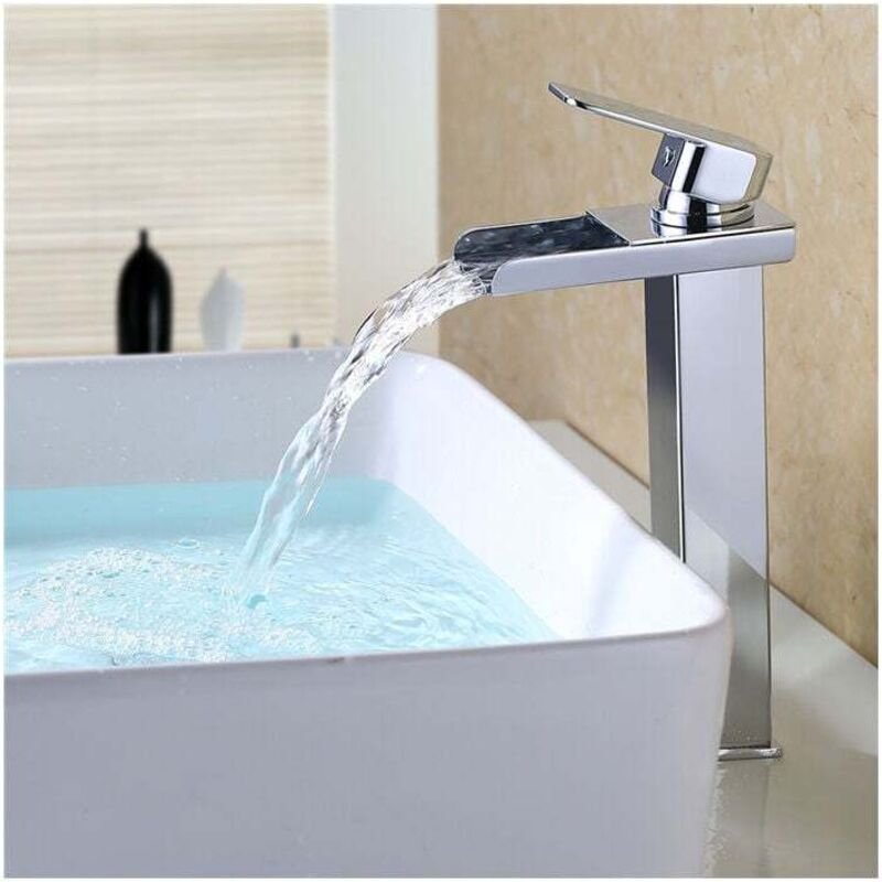 Wasserfall-Waschtischarmatur, Waschtischmischer mit hohem Auslauf, verchromter Edelstahlkorpus, modernes Design