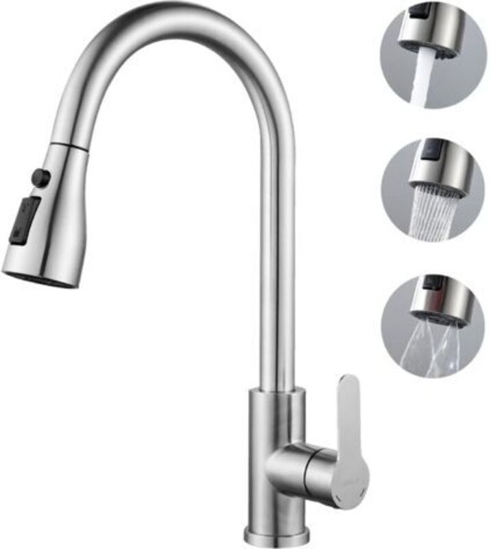 Ausziehbare Edelstahl-Armatur, 3 Sprühmodi, 360° schwenkbare Küchenarmatur, Küchenhahn mit Brause