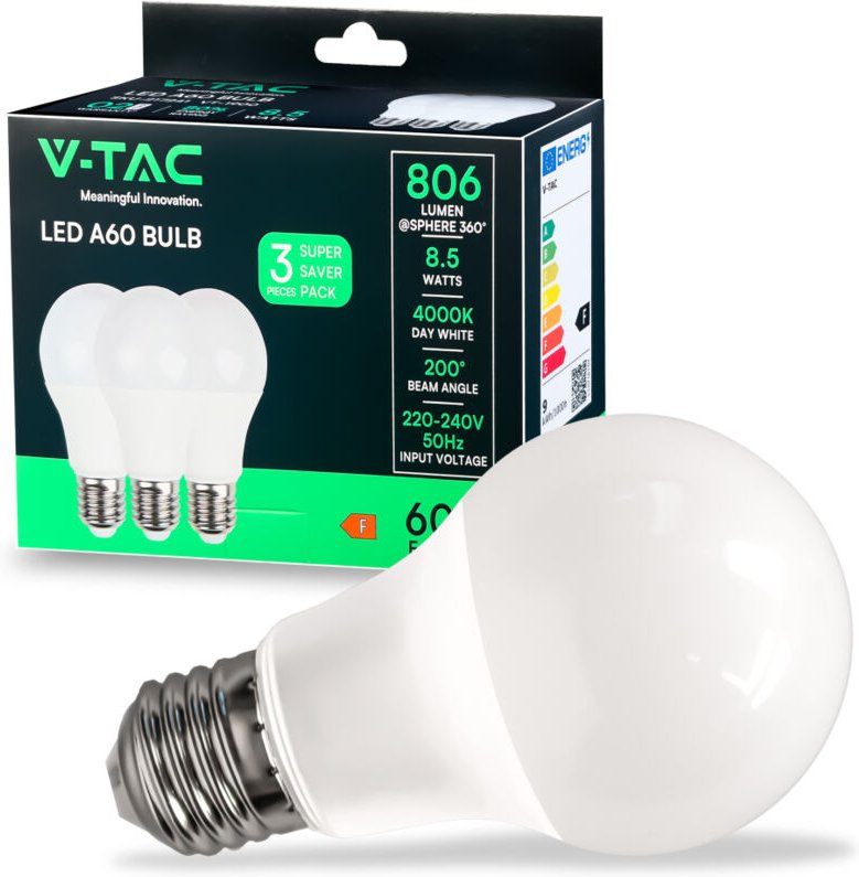 V-TAC LED-Glühbirne E27 8,5W A60 4000K (Box 3 Stück)