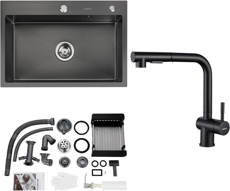 Lonheo Edelstahl Küchenspüle + Hochdruck Ausziehbare Küchenarmatur, 68 x 45 cm Einbauspüle, große Küchenspüle, inkl. Sei...