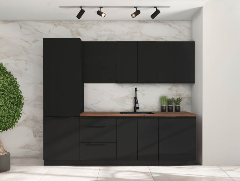 Küchenmöbel -Set Linares 260 cm mit Hängeschränken Matt-Schwarz - Furnix