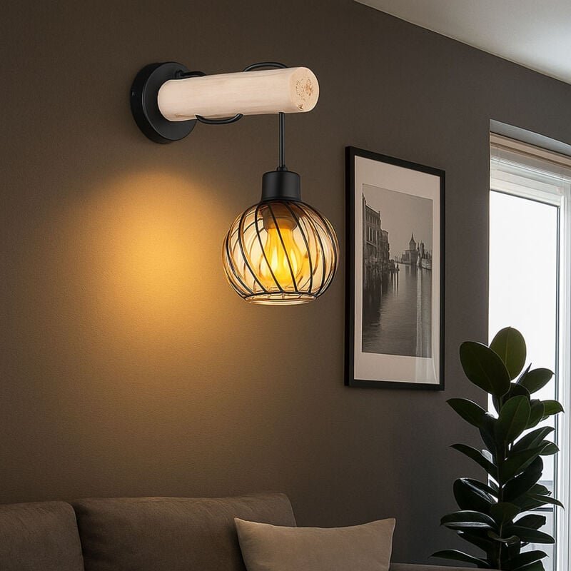 LED Wandleuchte Holzlampe Glasschirm rund Wandlampe amber Glas Wohnzimmerlampe Holz Glas amber, Metall, 6W 806Lm warmwei...