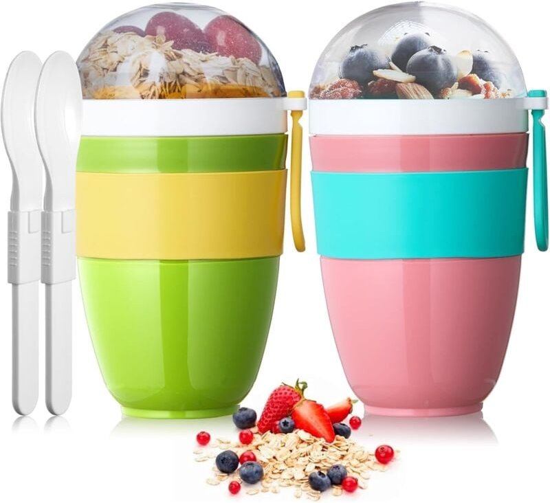 2er-Set Müslibecher to go 500 ml, für Kinder mit Löffel, Müsli, Fächer für Joghurt und Müsli, gefrier-, mikrowellen-, sp...