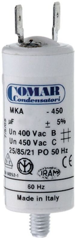 EDM - MKA-Startkondensator 2uF 5% 450V Ø3,4x6,3cm mit M8-Spitze und einfachem Faston 6,35 Konek