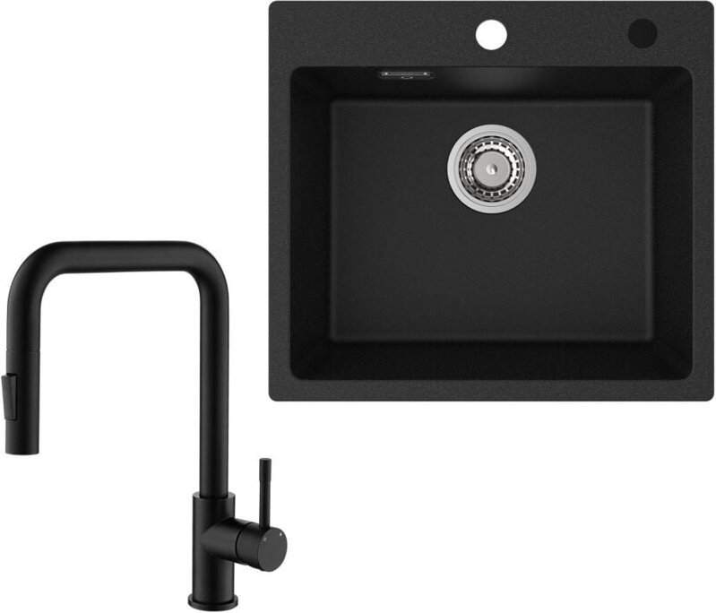 Cecipa Max - Spülbecken mit 1 Becken 50×45CM Granitspüle Anthrazitschwarz + Küchenarmatur mit 2 Strahlarten Schwarz ausz...
