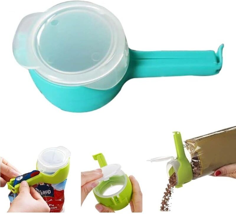 1 Beutelclip mit Ausgießer zum Ausgießen von Lebensmitteln, luftdichter Verschluss mit wiederverwendbarem Kunststoffdeck...