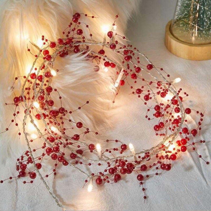 Weihnachts-LED-Lichterkette mit rot/weißen Perlen, Lichterkette, 20 LEDs, 2 m, Weihnachtsbeeren-Girlande, batteriebetrie...