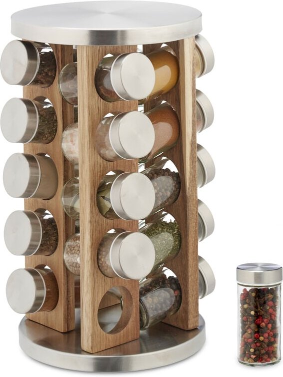 Relaxdays - Gewürzkarussell, 20 Gewürzgläser, 360° drehbar, Gewürzregal HxD: 34 x 19,5 cm, Edelstahl & Holz, silber/natu...