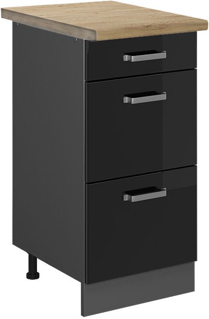 Vicco - Küchenunterschrank R-Line, Schwarz Hochglanz, 40 cm mit Schubladen, ap Eiche