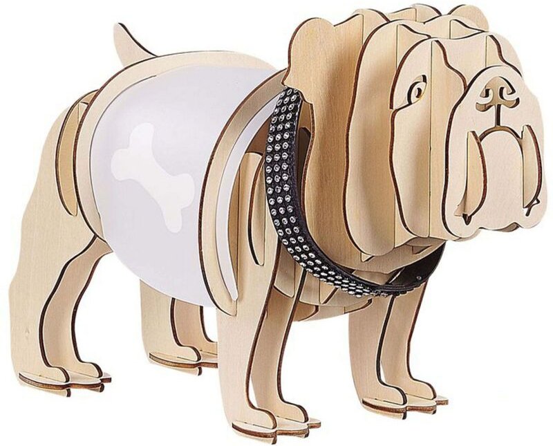 Tischlampe Heller Holzfarbton und Weiß 22 cm Hundeform Buldogge Hund für Schreibtisch Nachttisch Home Office Flur Wohnzi...