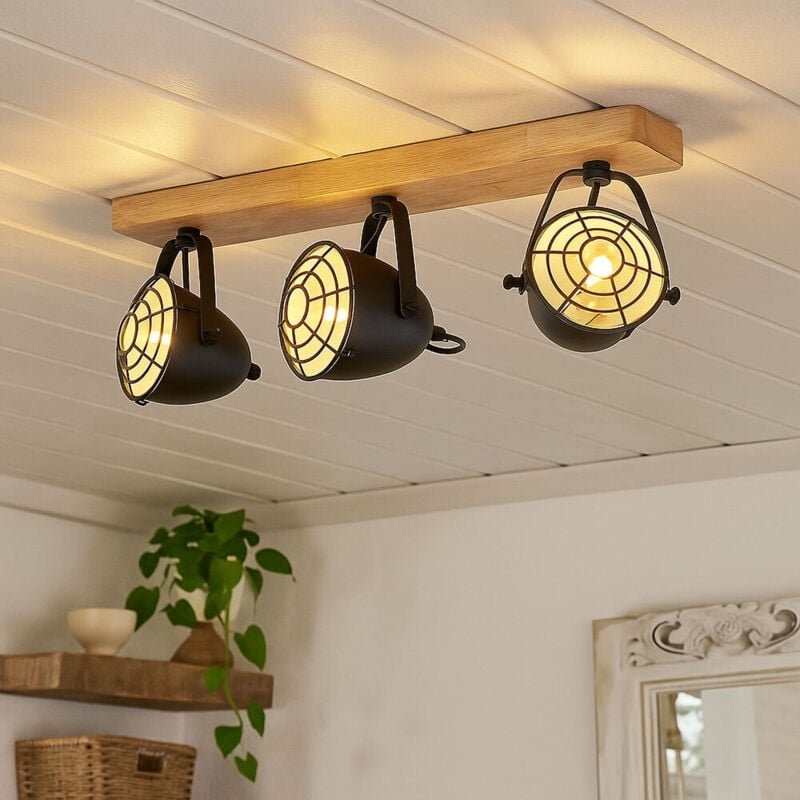 Etc-shop - Deckenlampe schwarz Wohnzimmerleuchte Landhaus Deckenstrahler 3-flammig Holzlampe, schwenkbare Spotleiste, Me...