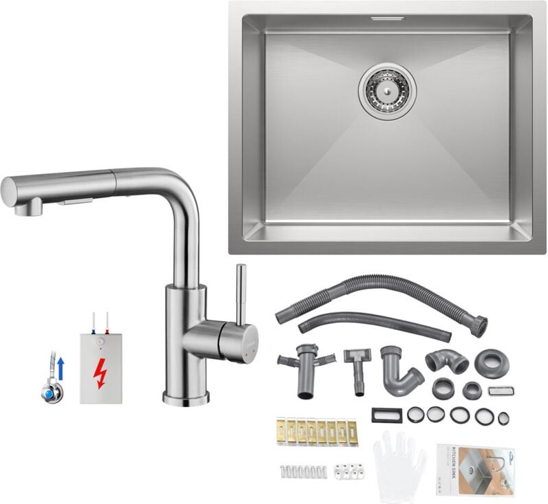 Spülbecken Edelstahl, Spüle Küche 1 becken 55x44 cm + Ausziehbare Küchenarmatur, für ab 60er Unterschrank - Gebürstet