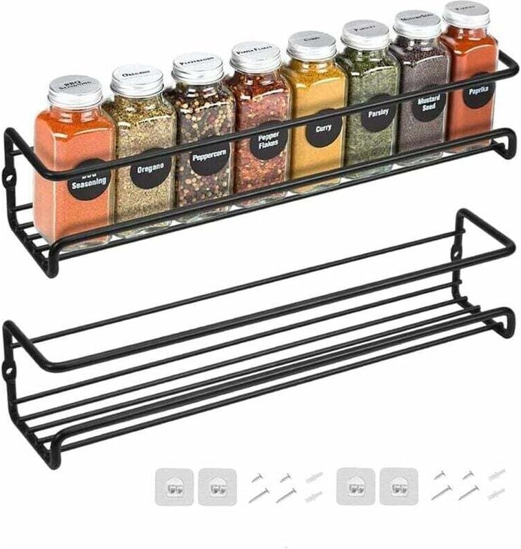 Set aus 2 wandmontierten Gewürzregalen aus Metall, zur Befestigung mit Klebeband oder Schrauben, schwarz