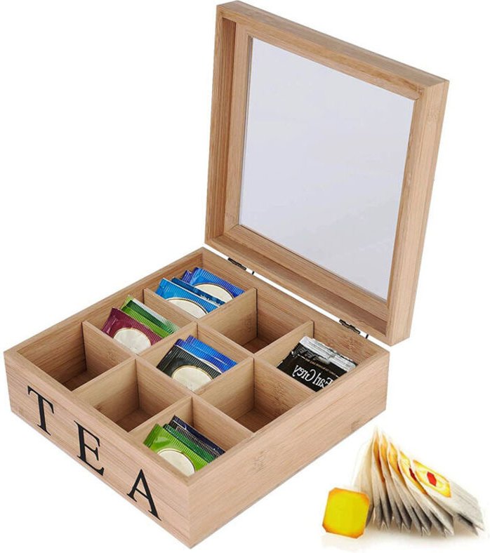 Bambusbox mit Sichtfenster, Teebox, Holz, 9 Fächer, 23 x 23 x 9 cm, natur