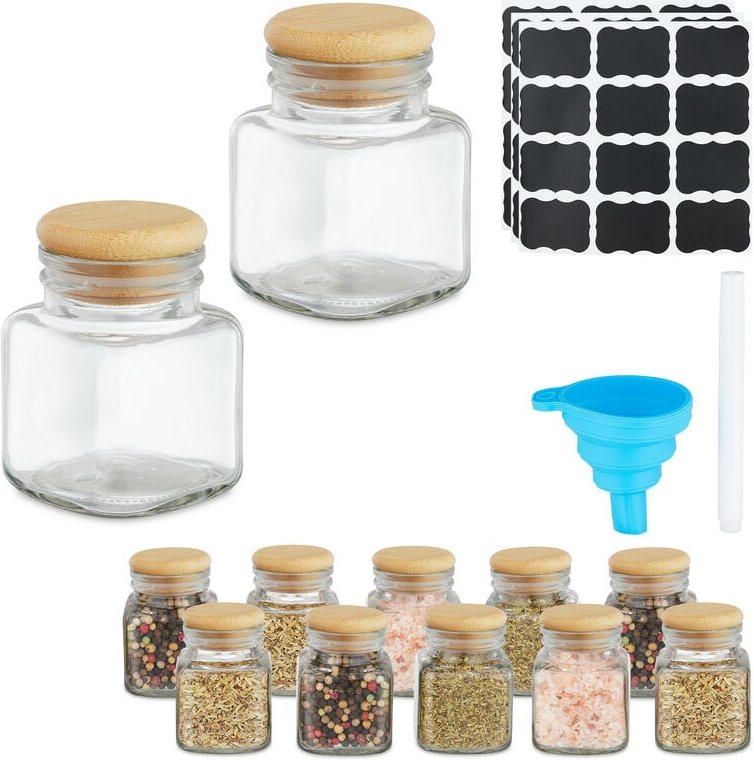 Relaxdays Gewürzgläser 12er Set, Gewürzdosen, 100 ml, mit Etiketten, Stift & Trichter, Glas & Bambus, transparent/natur